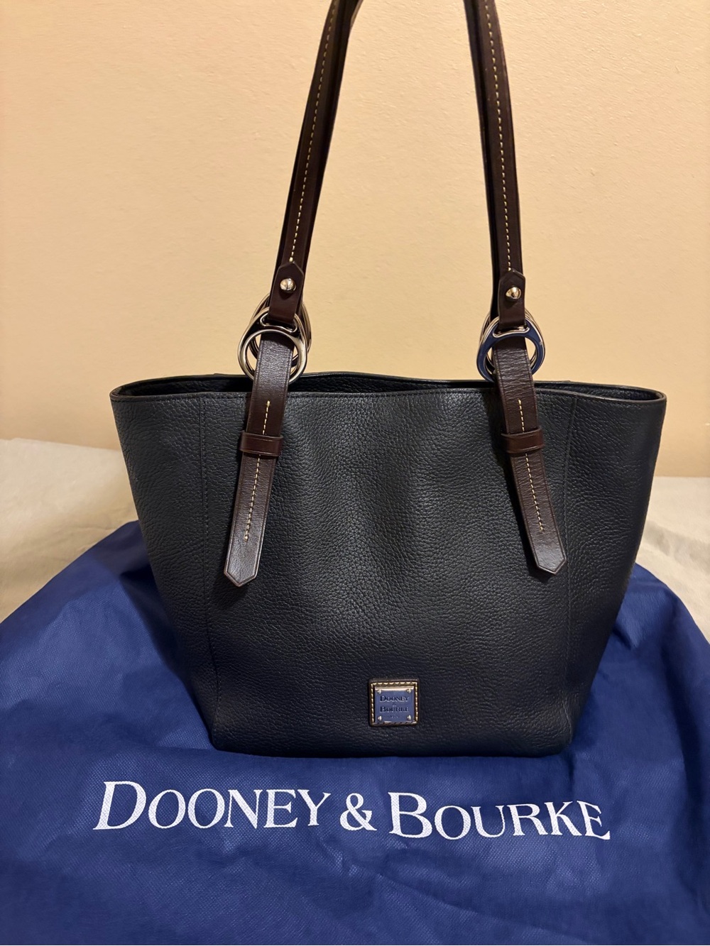Dooney & Bourke Black Pebbled Leather Tote with Brown Handles